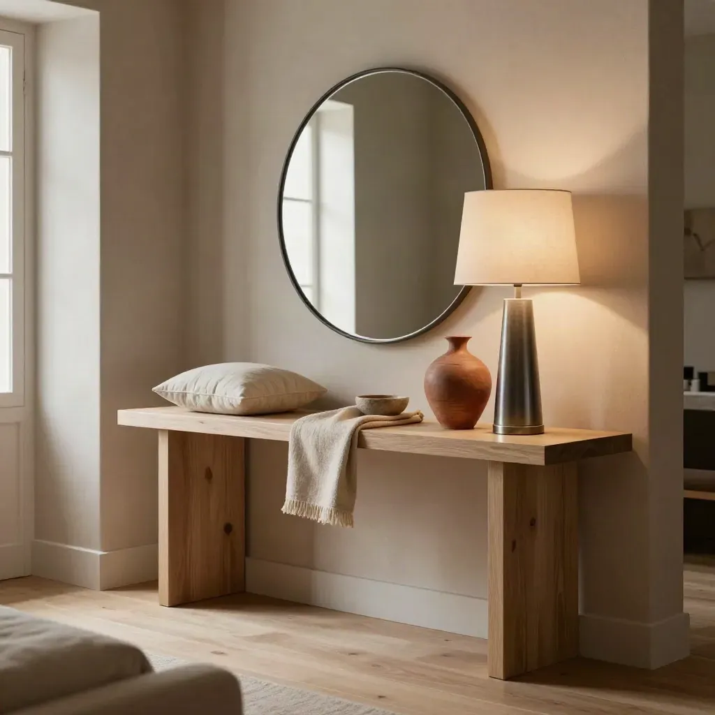 Angolo living con specchio rotondo, lampada, vaso terracotta e cuscino su console in legno chiaro