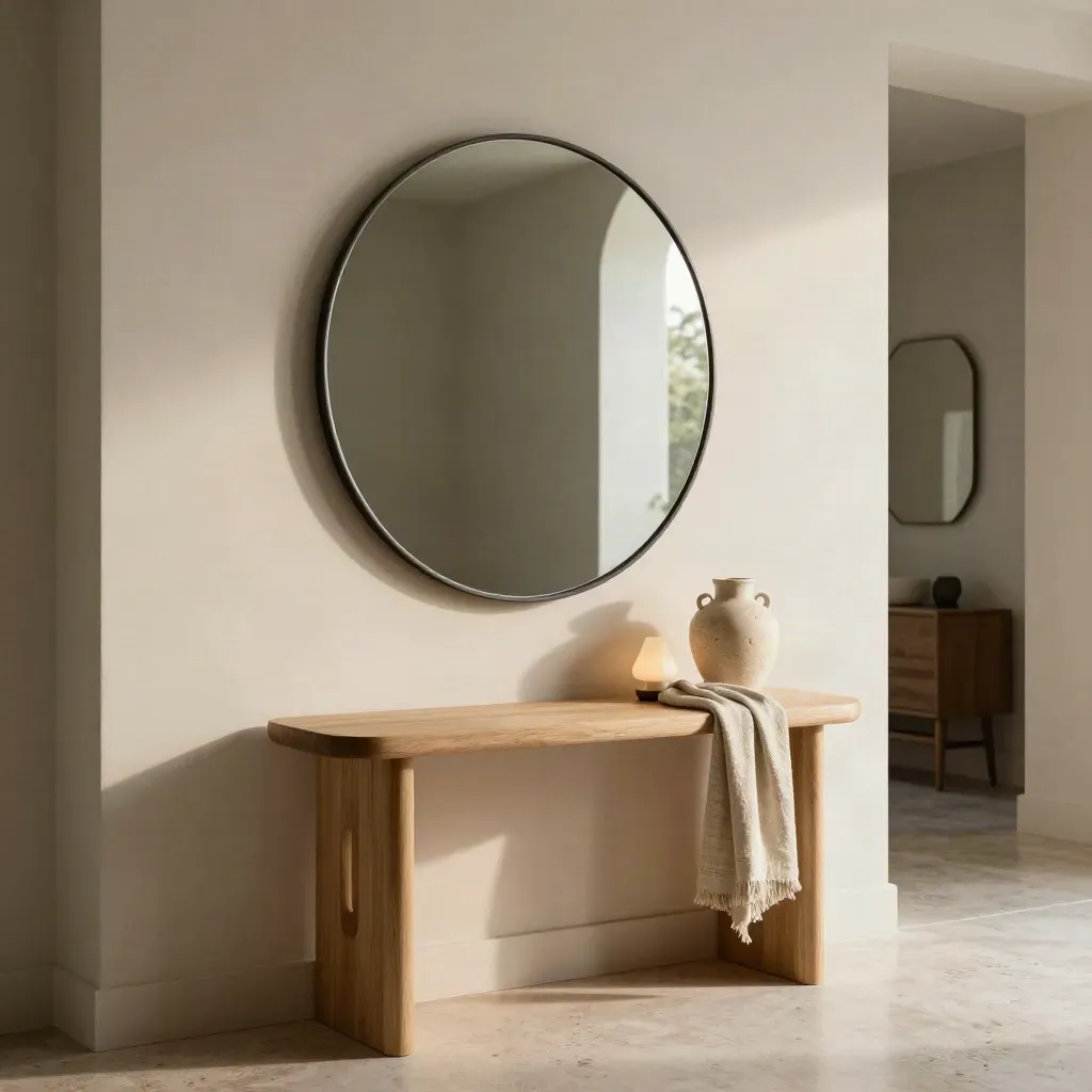Specchio rotondo grafite in ingresso elegante con console in rovere, lampada opalina e plaid di lino.
