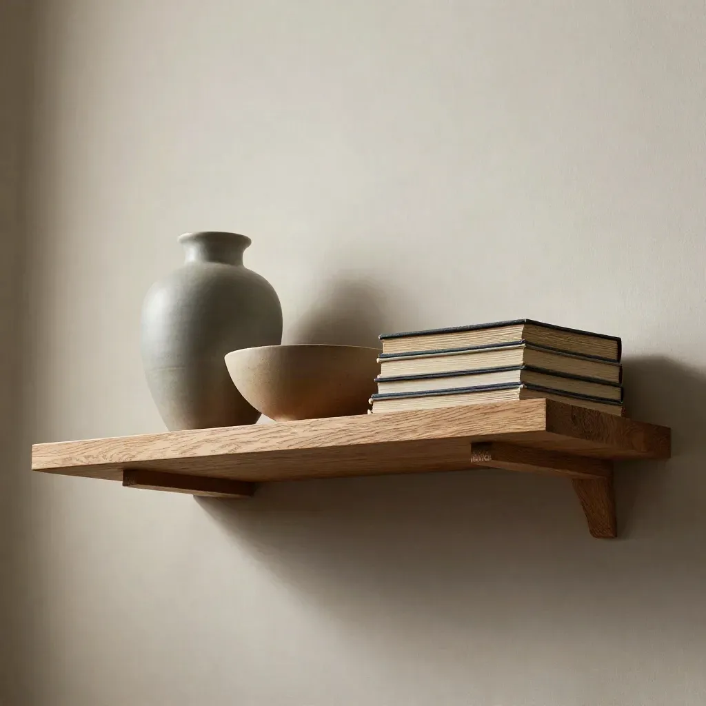 Mensola in rovere con vaso in grès, ciotola e libri chiusi su parete chiara.