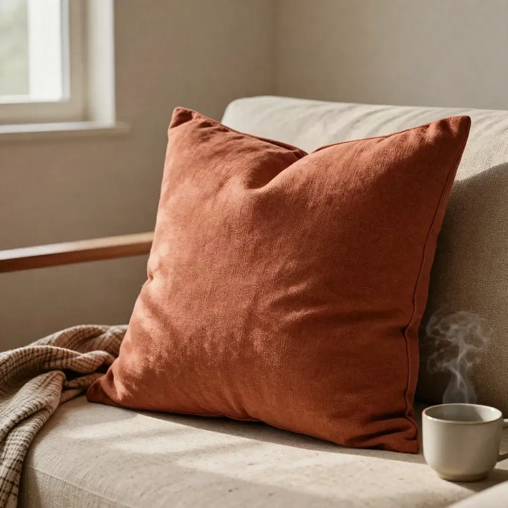 Cuscino in lino terracotta su divano grezzo con plaid e tazza ceramica opaca in luce soffusa.