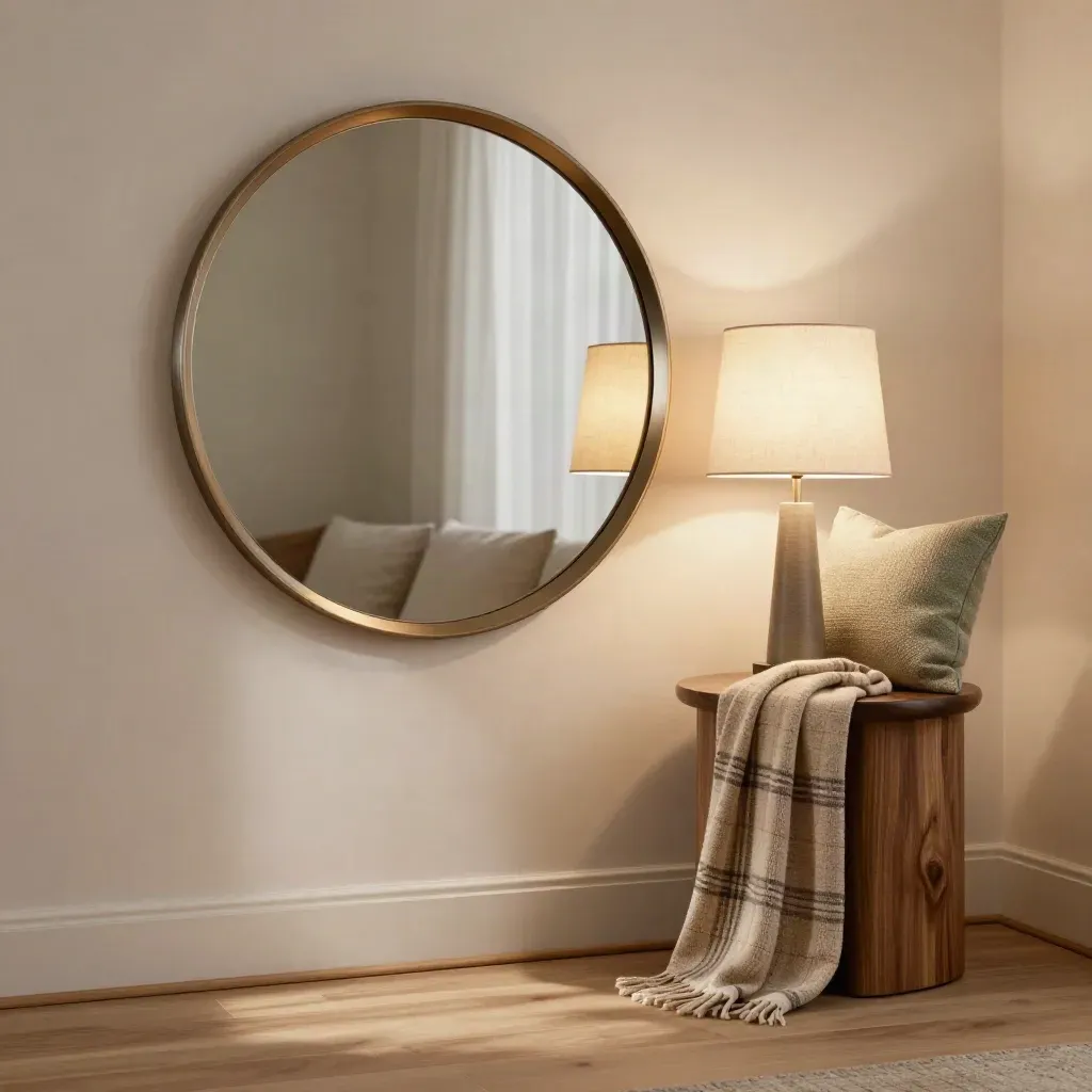 Salotto elegante con specchio rotondo, lampada, cuscino salvia e plaid su tavolino in legno.