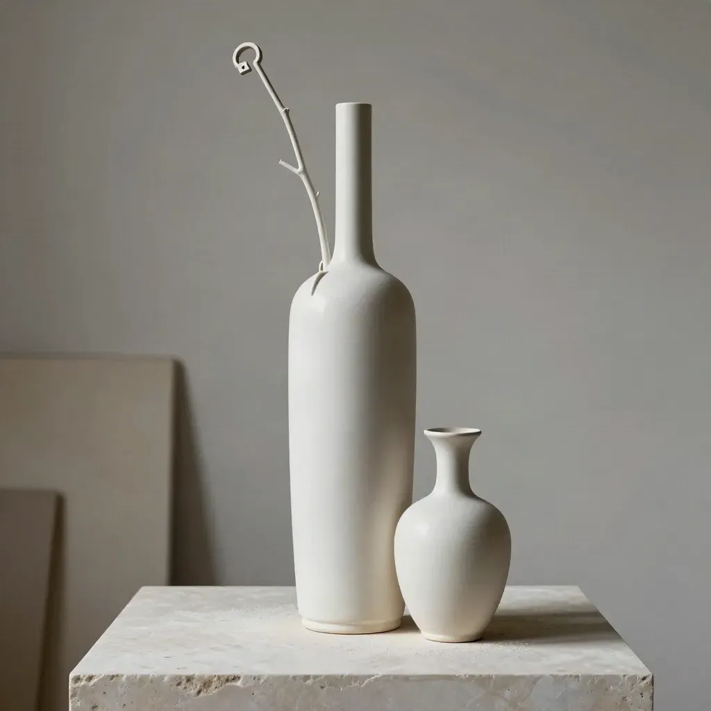 Vaso alto in ceramica opaca con ramo lungo e piccolo vaso su base chiara.
