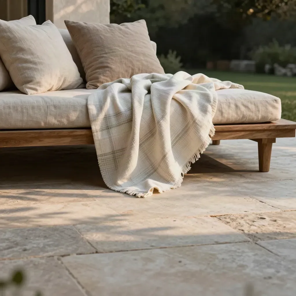 Veranda di pietra con cuscini e plaid in lino, ombre di foglie e luce serale soffusa.